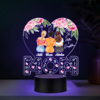 Personalized Mom with Two Daughters Acrylic LED Lamp with UV Print – Auto Color Changing Night Light Mother’s Day Gift